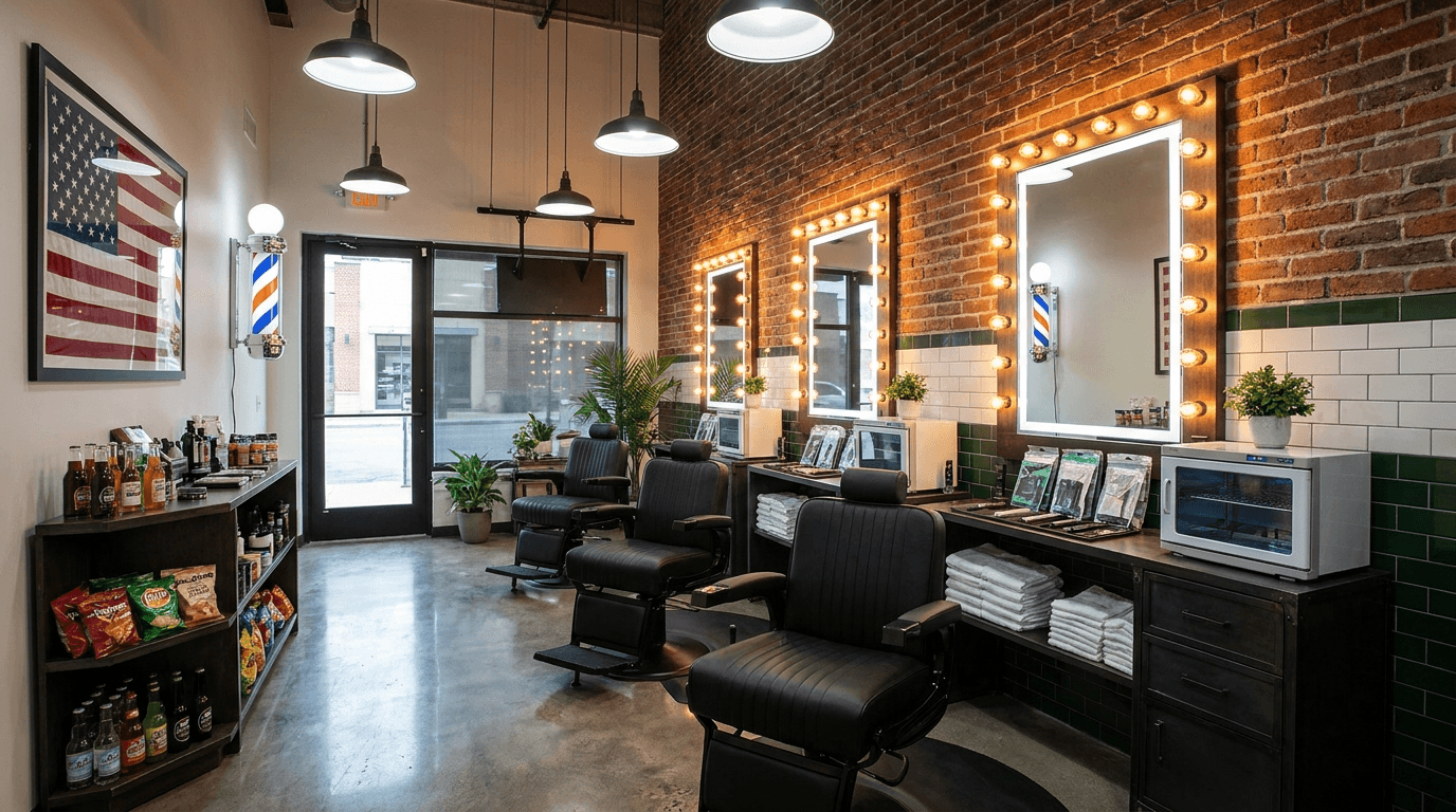 The barber chairs and bulb-lit mirrors at Hudson Co.